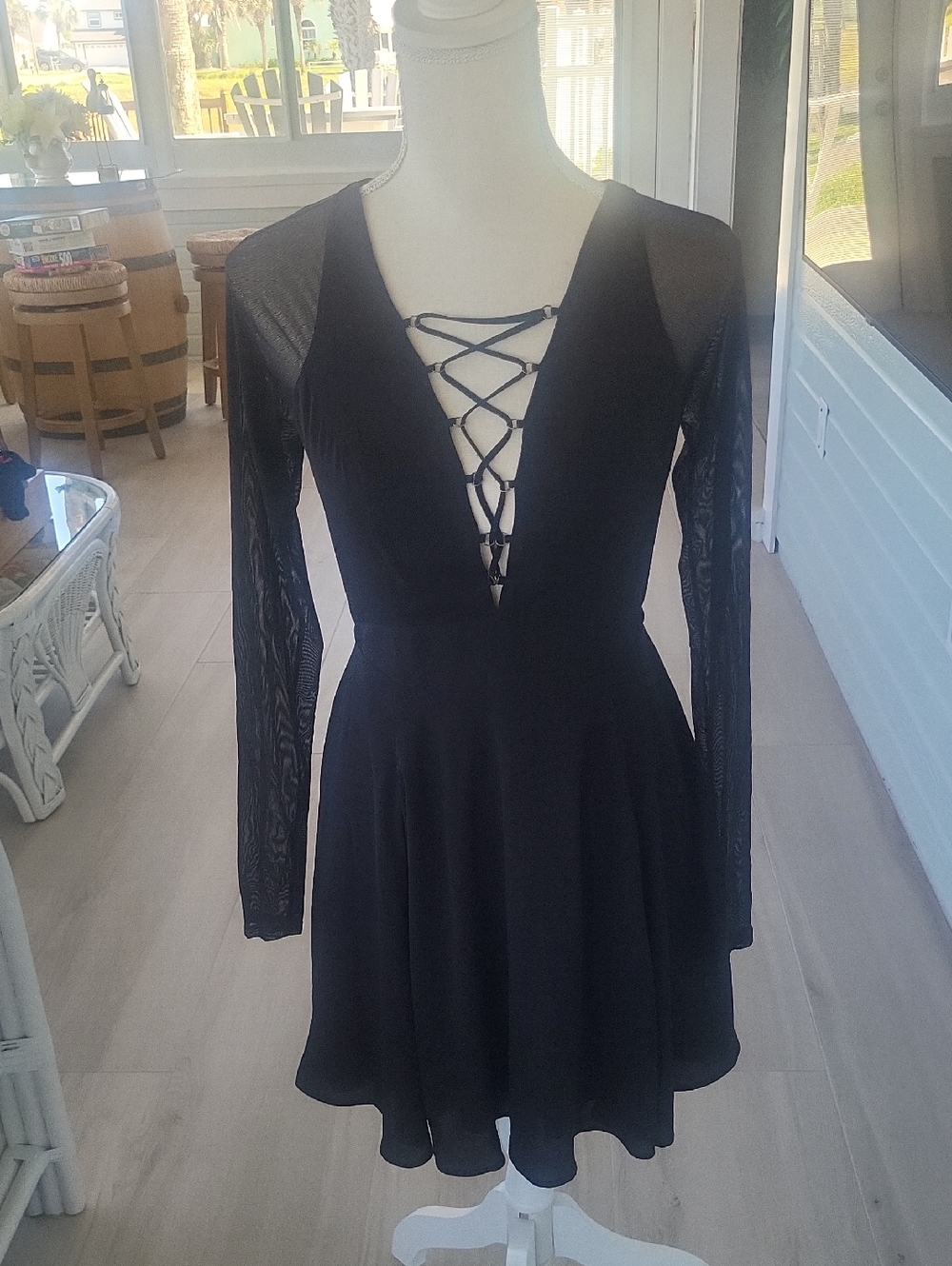 Express Black Long-Sleeve Lace-Up V-Neck Skater Dress